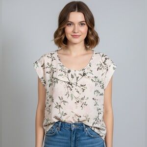 DR2 Pink Floral Bird Print Short Sleeve Blouse Large Boho Cottagecore Romantic